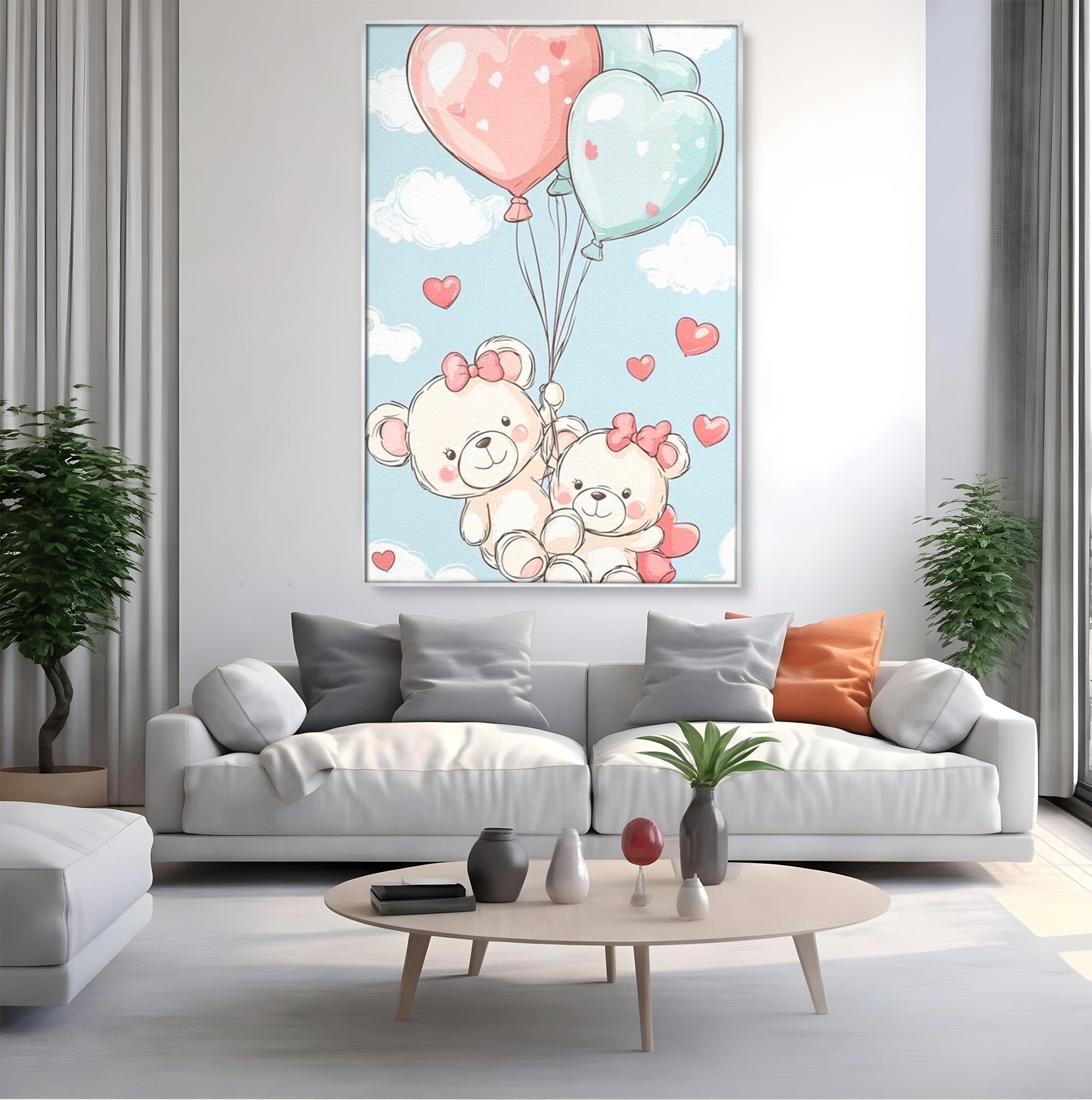Tablou canvas cu ilustratie cu ursuleti zburand cu baloane, in rama de aluminiu argintiu, pe perete intr-un living